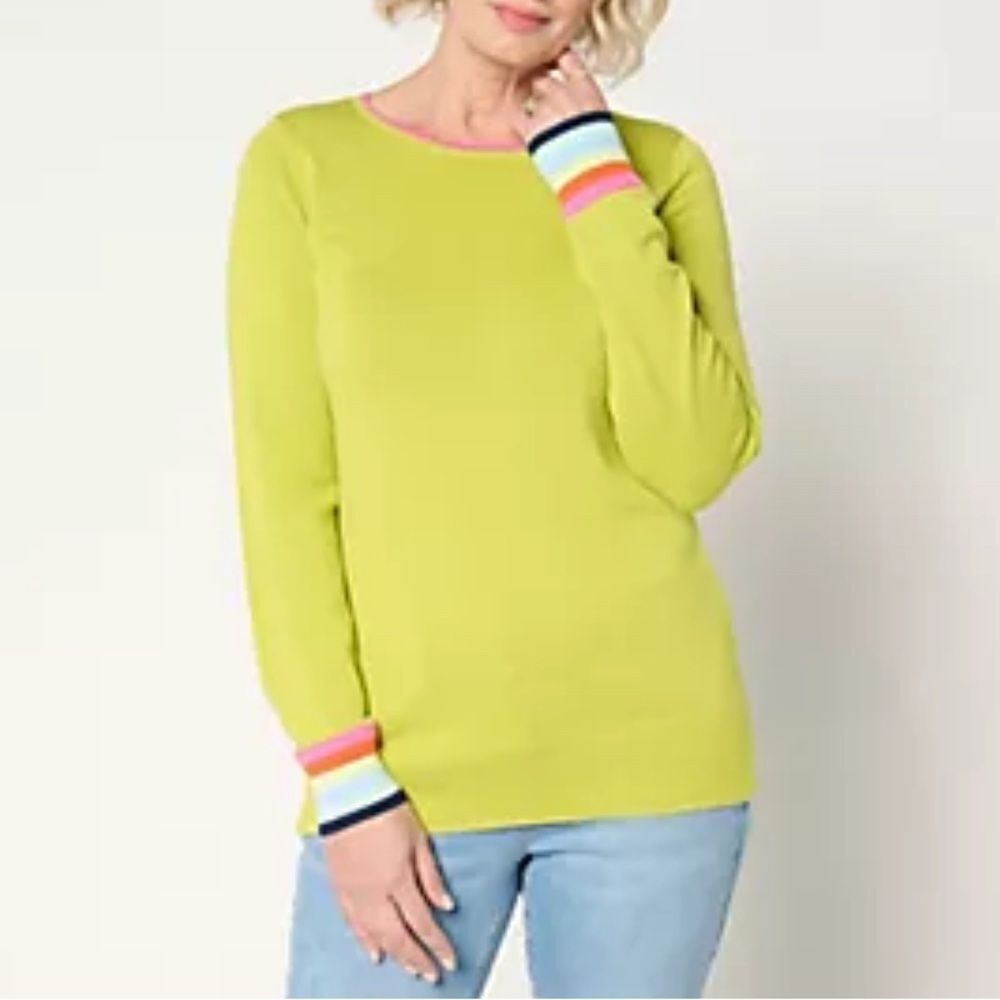Belle by Kim Gravel Preppy Rainbow Cuff Sweater Large Green NWT IN PACKAGE
